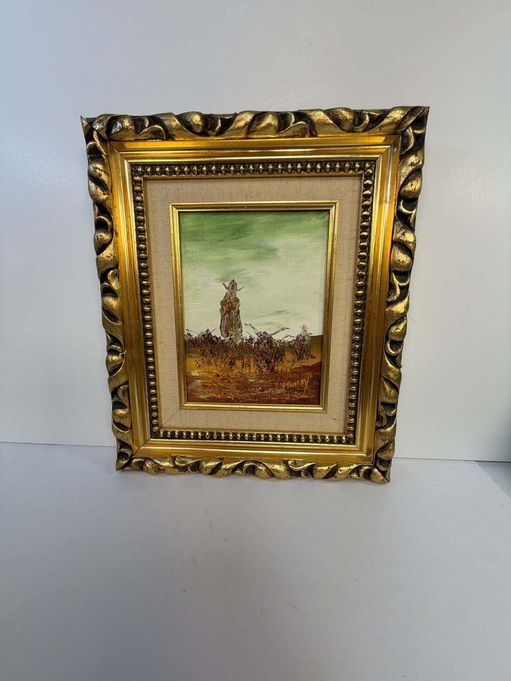 Vintage‎ RC Stanley Western Cowboy Oil Painting on Canvas in Ornate Gold Frame